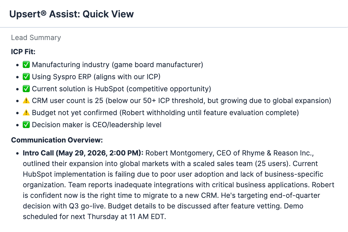 Upsert® Assist Lead Summary