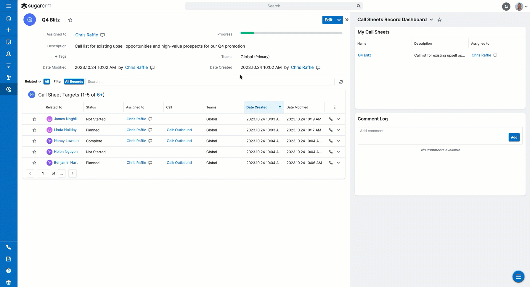 Animated GIF of a user initiating an outbound campaign call, completing the call, and loading the next call within the Upsert Engage interface