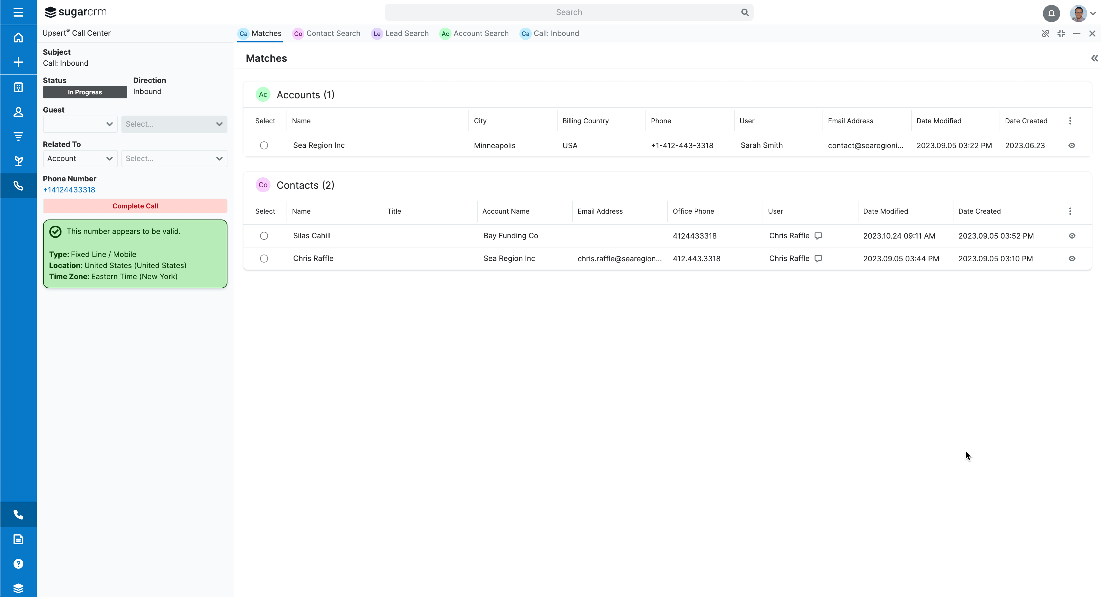 Inbound call user experience showing multiple matches based on caller's phone number