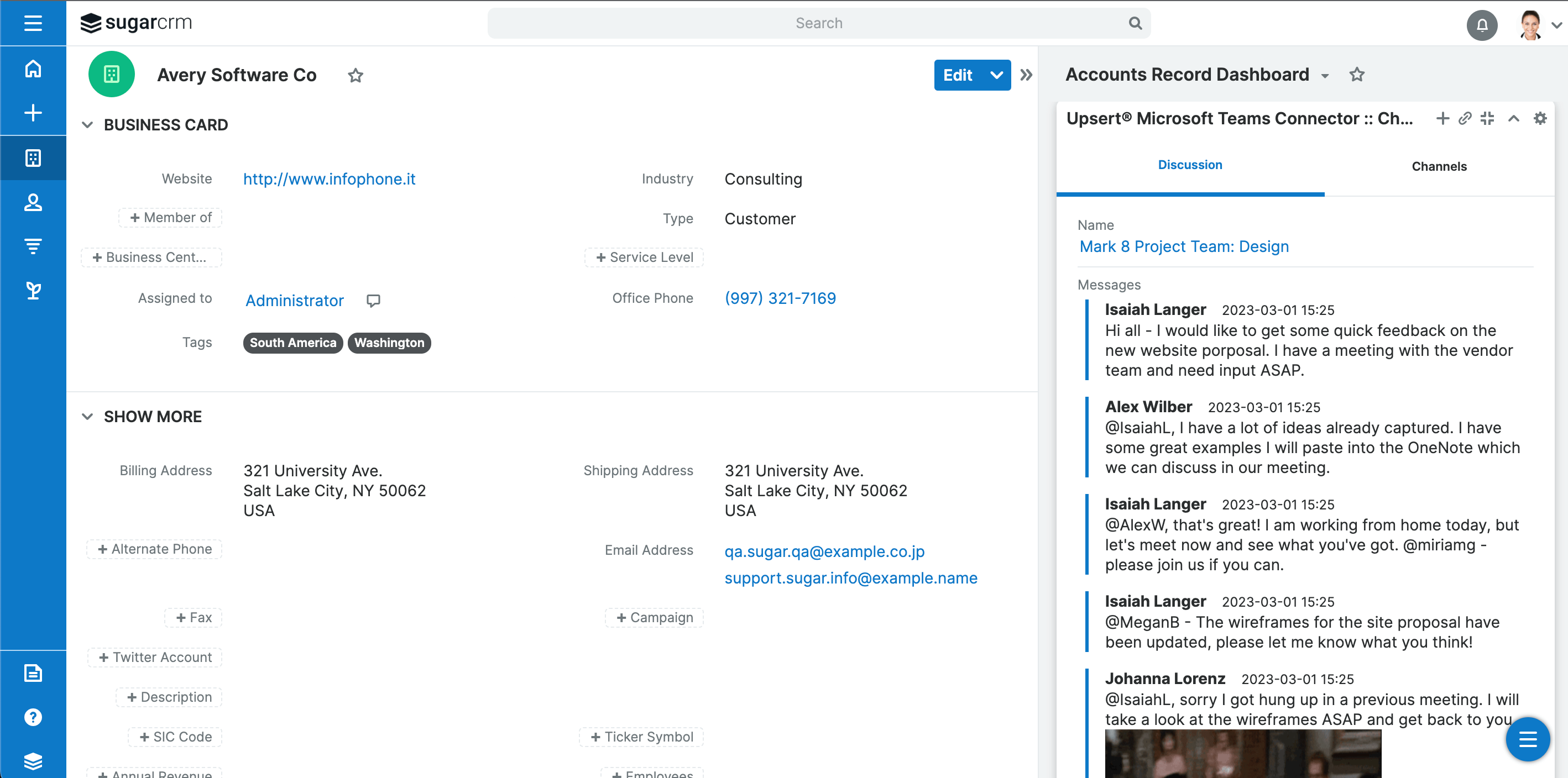 Channels dashlet for Upsert® Engage for Microsoft Teams