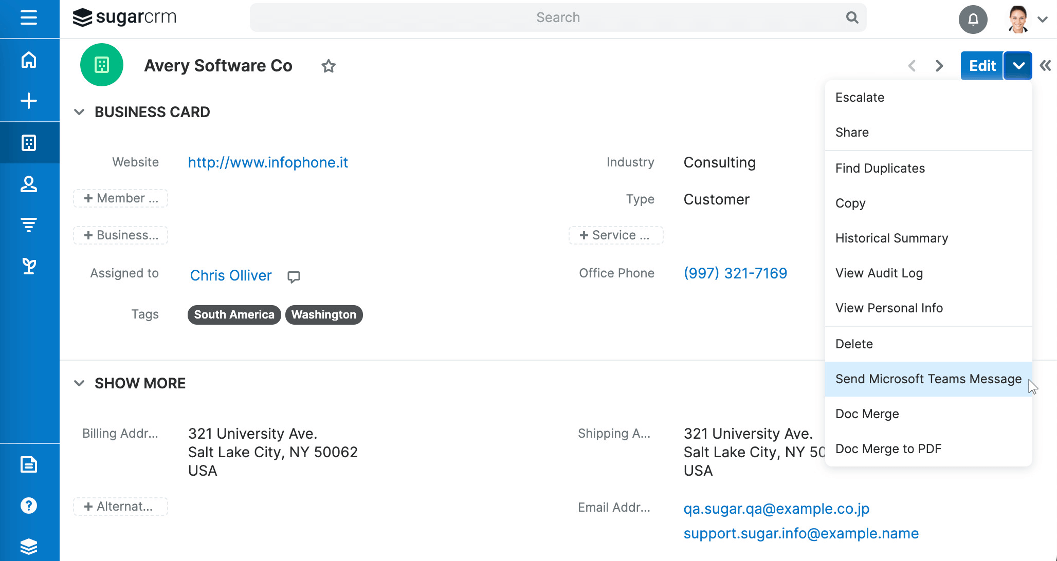 Menu options when choosing to message a user with Upsert® Engage for Microsoft Teams