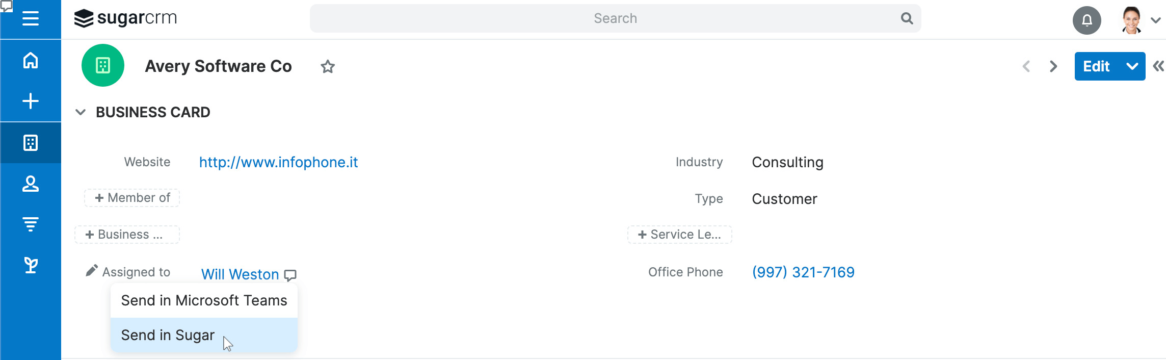 Sending a Teams message with Upsert® Engage for Microsoft Teams in SugarAI