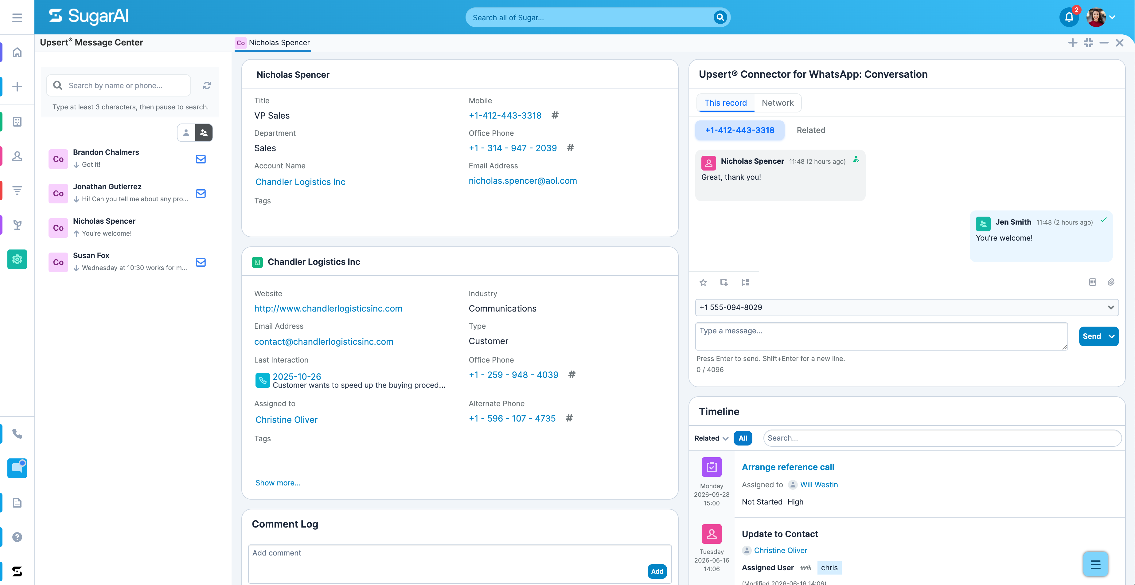 Upsert® Engage for WhatsApp Message Center embedded in the SugarAI UI