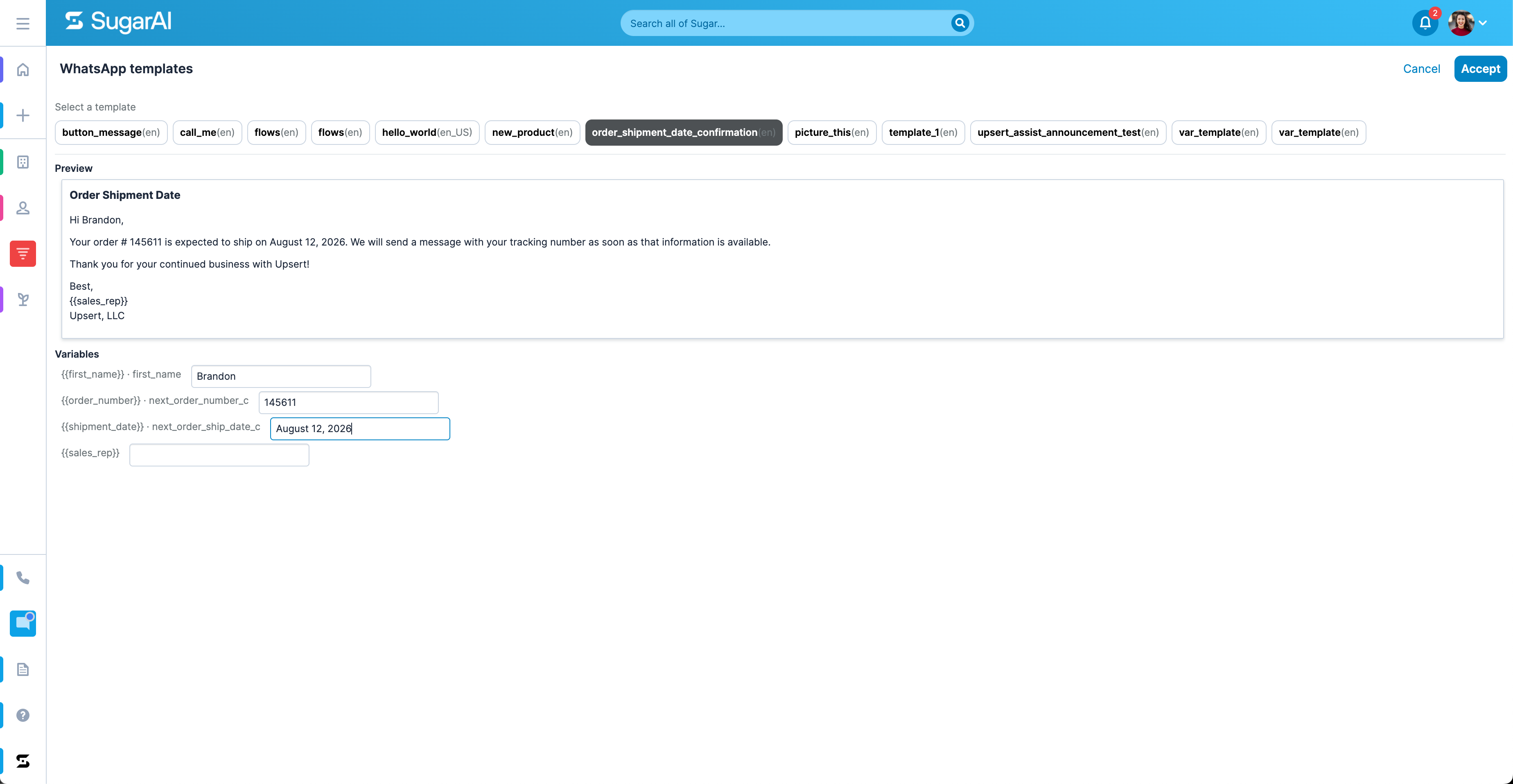 The Upsert® Engage Lists dashlet showing a WhatsApp outreach campaign with message templates