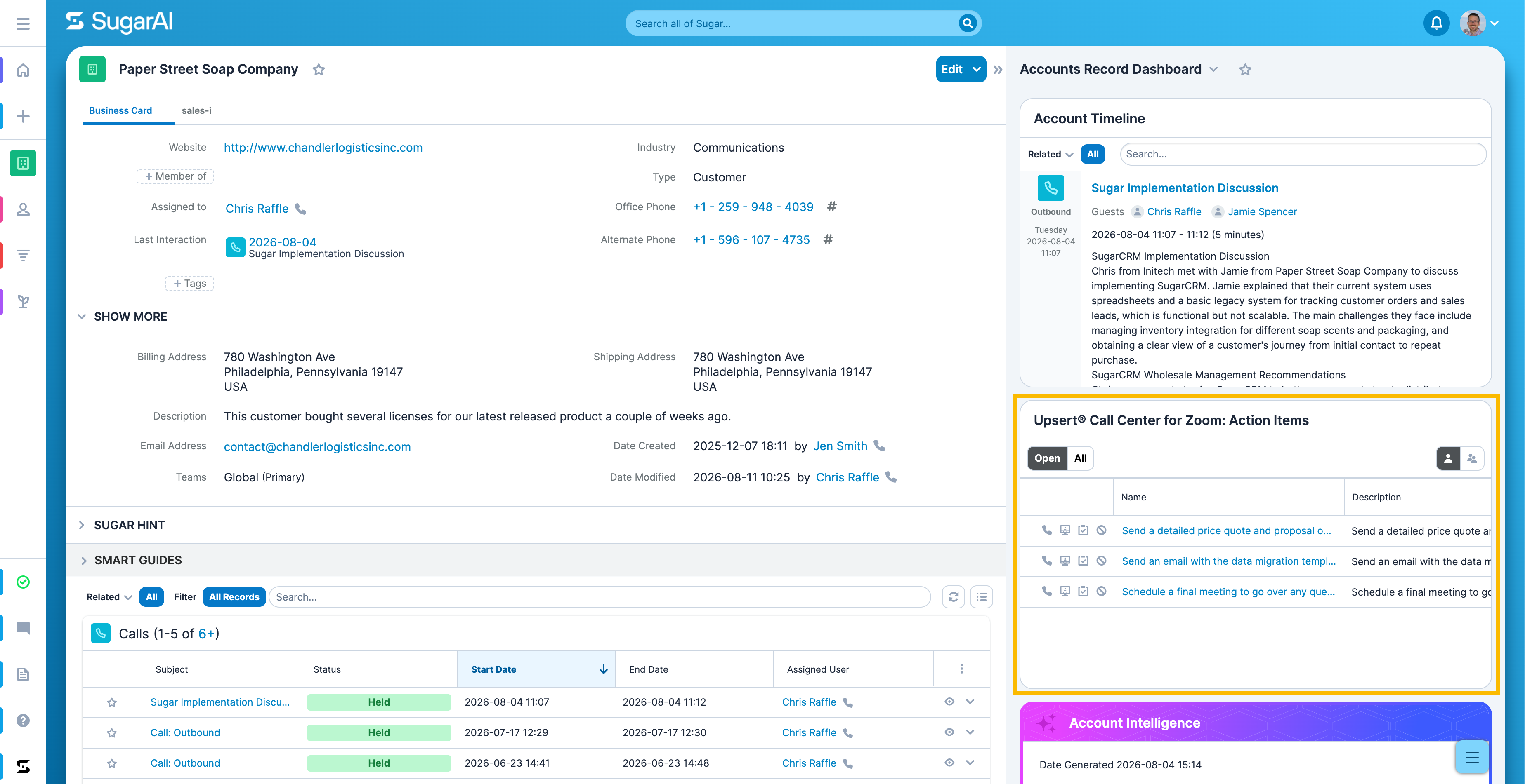An account record view showing the Upsert® Engage for Zoom Phone Action Items dashlet