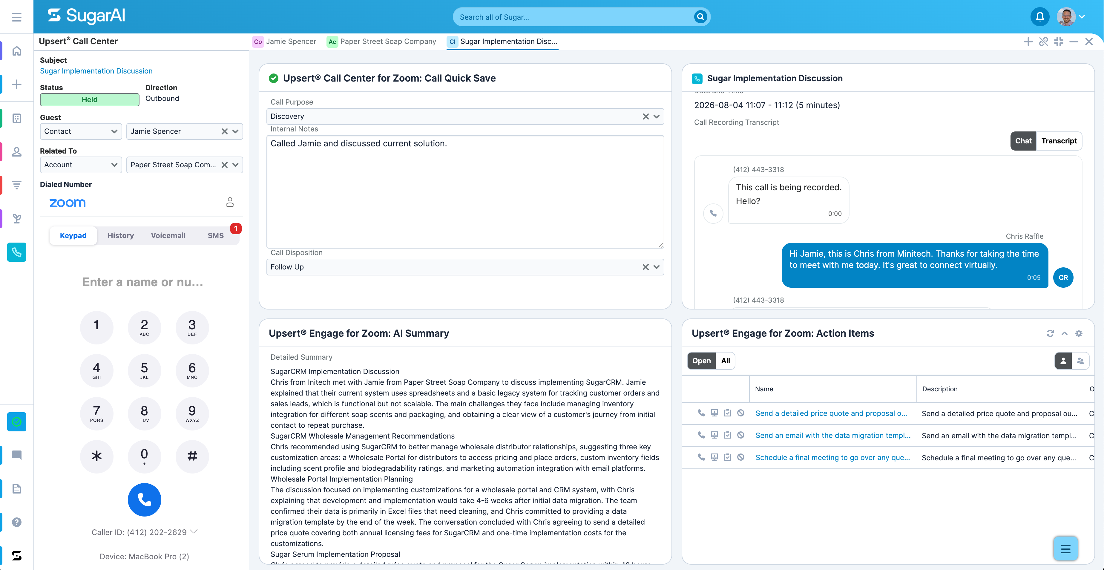 The Upsert® Engage for Zoom Phone call UI with the call tab in focus showing the quick save dashlet, call transcript, AI-generated summary, and action items