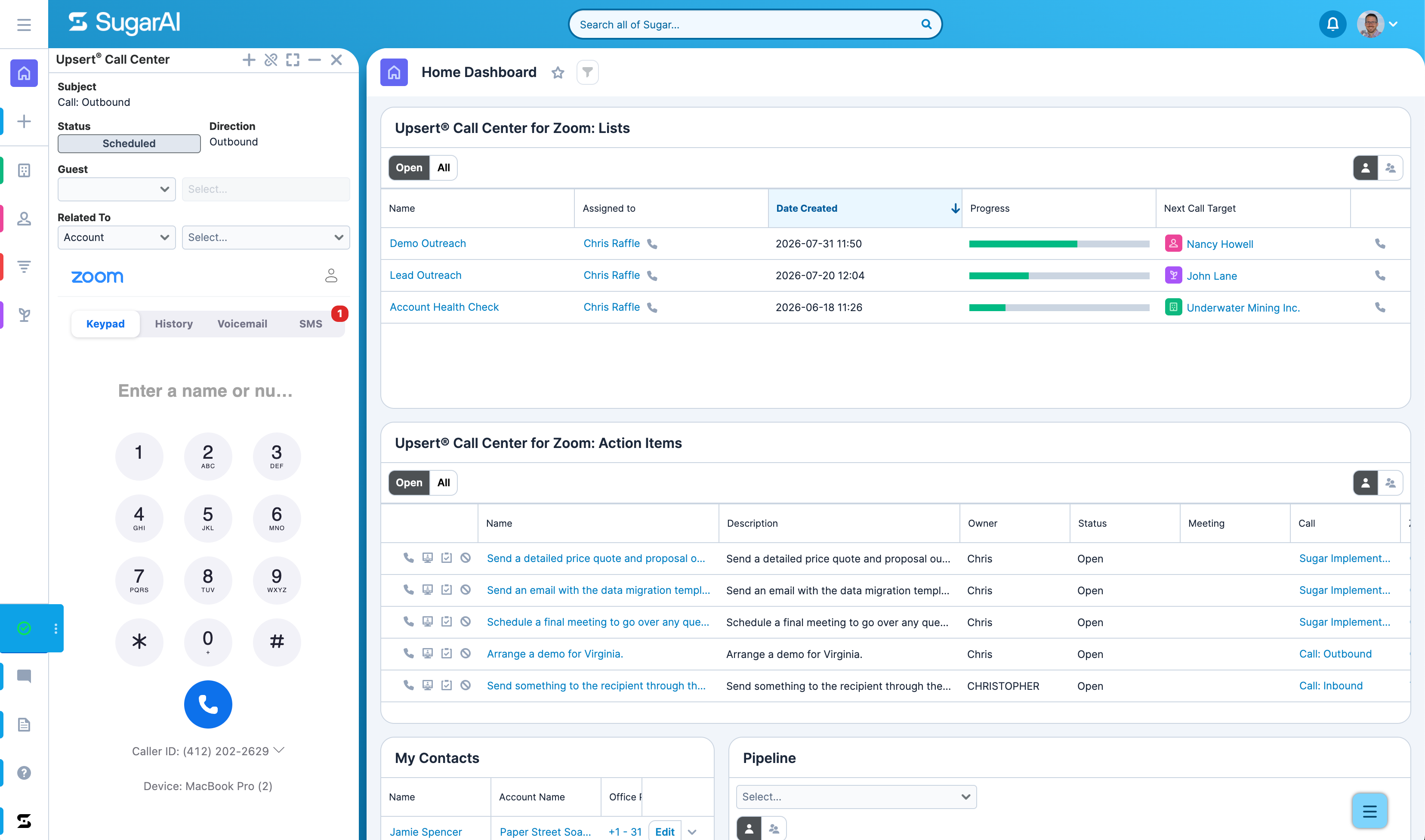 SugarAI Home dashboard with Upsert® Engage for Zoom Phone embedded in the UI